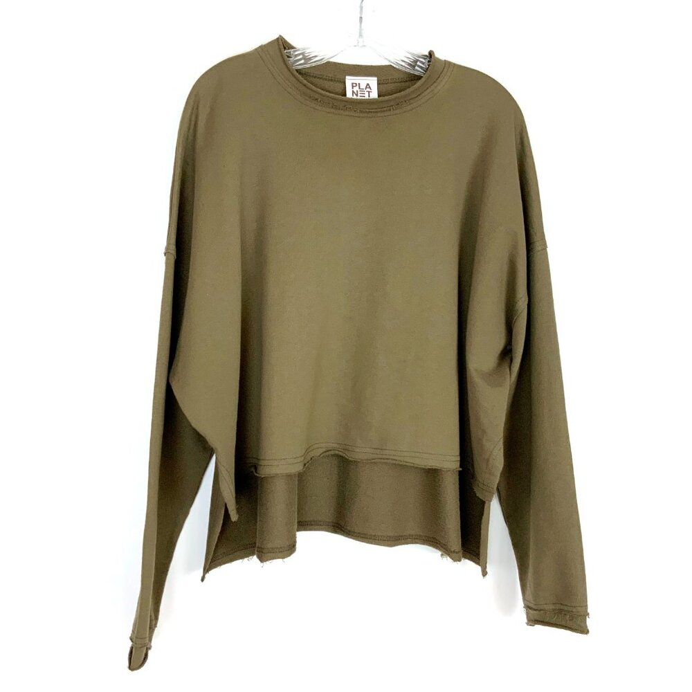 PLANET Lauren G Olive Green Cropped Pullover Cotton French Terry Top One Size